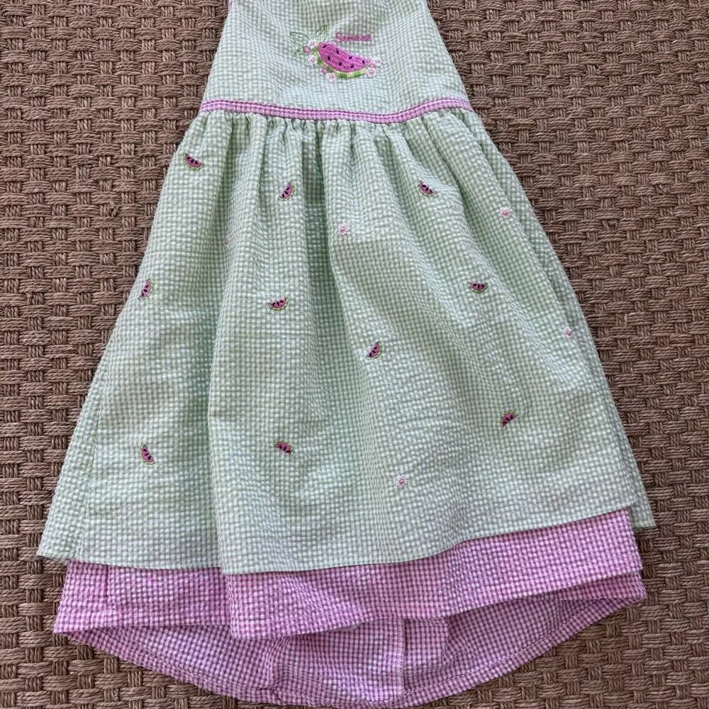 B.T. Kids Vintage Girl’s Dress Pink & Green Gingham Seersucker Watermelon Sz 5